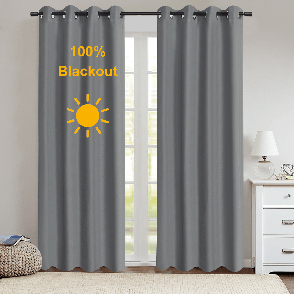 100% Blackout Solid Color Grommet Curtains 2 Panels - Lightweight Thermal Insulated Noise Reducing Light Blocking Drapes in Gray Beige Pink, 52W x 63 84 96 Inch, Bedroom Living Room