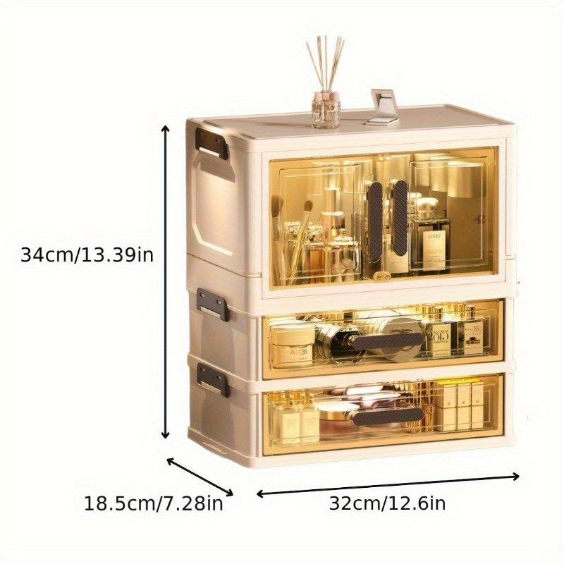 Makeup Organizer with Transparent Drawers 3/4 Tier – Foldable Large Capacity Stackable Cosmetic Storage Cabinet, Retro White & Gold Aesthetic Organizer for Skincare, Documents & Books, Elegant Girl Gift
