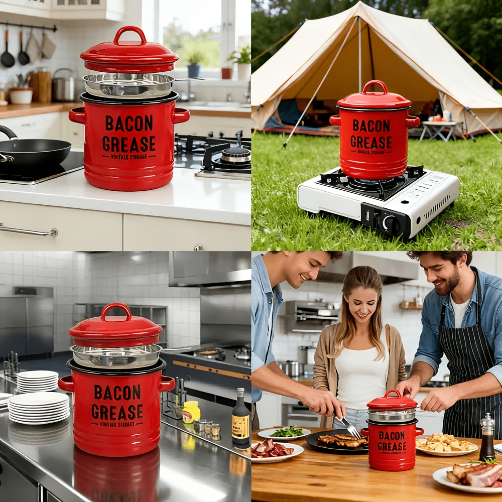Enamel Cooking Grease Container with Fine-Mesh Strainer – Grease Saver & Oil Keeper with Spatula-Storing Handle, Farmhouse Kitchen Decor (Red or Blue)