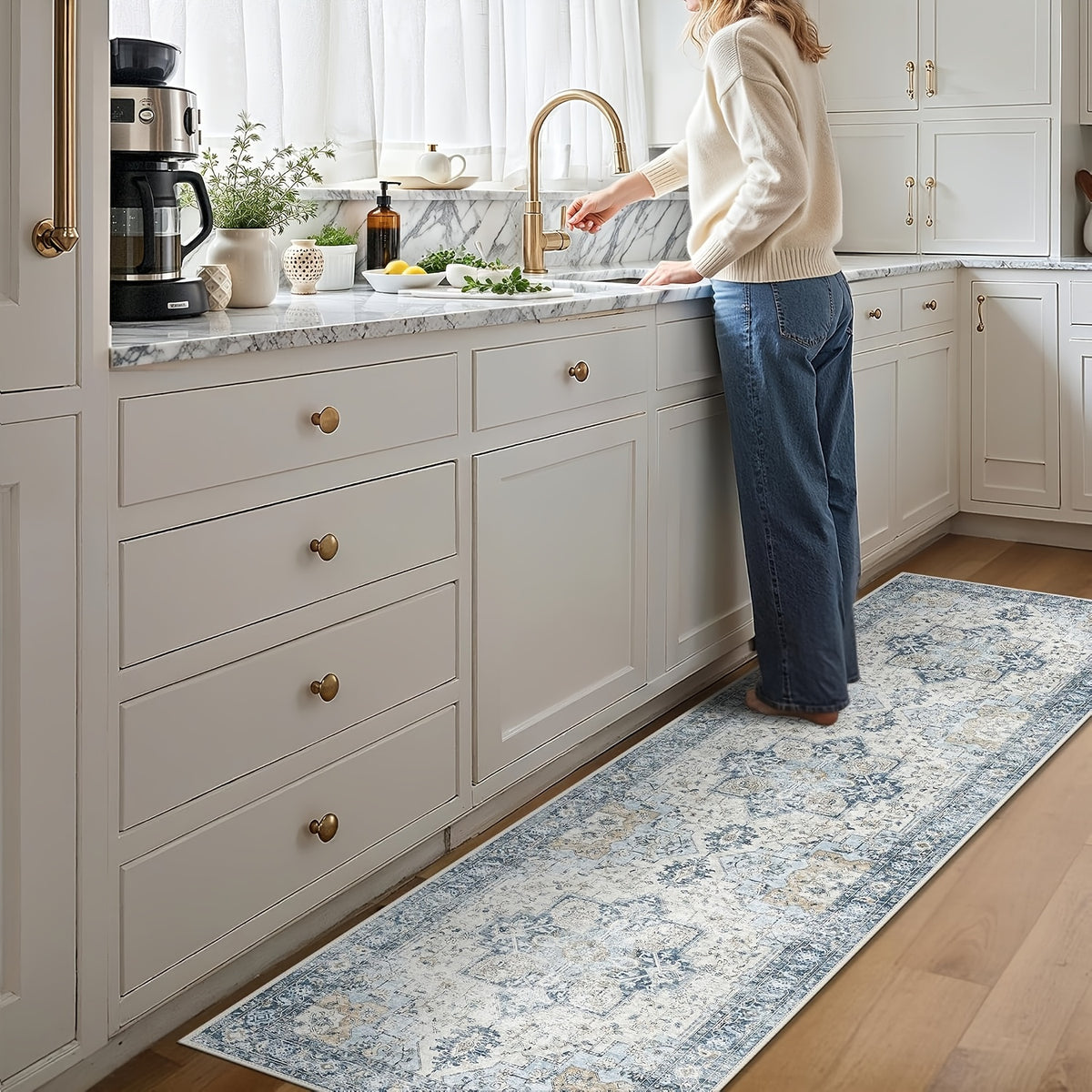 Vintage Retro Area Rug – Machine Washable Non-Slip Low Pile Chenille Print Carpet for Living Room, Bedroom, Dining Room & Home Office, Blue, Multiple Sizes