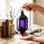 Moroccan Hanging Candle Lantern with Chain – Vintage Boho Style Iron & Glass Tealight Holder for Home, Patio, Garden, Wedding & Ramadan Decor (23.5" Overall)