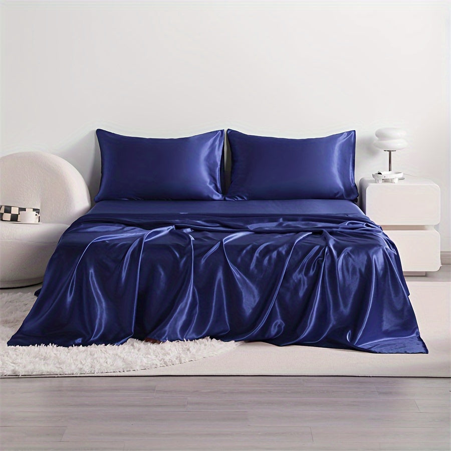 Cooling Satin Bed Sheet Set 4-Piece – Hypoallergenic Breathable Deep Pocket Flat & Fitted Sheet with Pillowcases, 300 GSM, 15 Colors, Twin to Cal King
