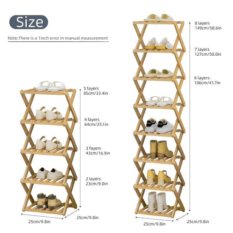 Foldable Bamboo Shoe Rack – No Installation Space-Saving 2-Layer Shoe Shelf for Bedroom Living Room Hallway Wardrobe, Strong Storage, Natural