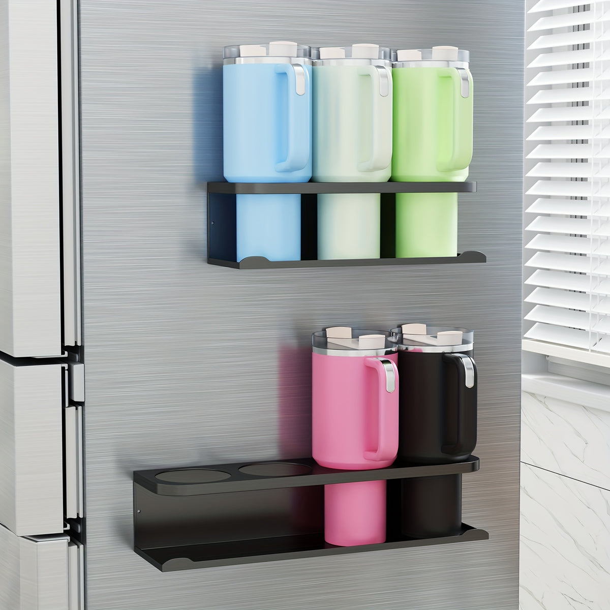 Magnetic Cup Holder for Fridge Heavy Duty Metal Organizer Rack for Tumblers Water Bottles Travel Mugs Drinkware - Magnetic Fridge Cup Organizer for Kitchen Pantry Cabinet Laundry Room, Black, 1-2 Pack