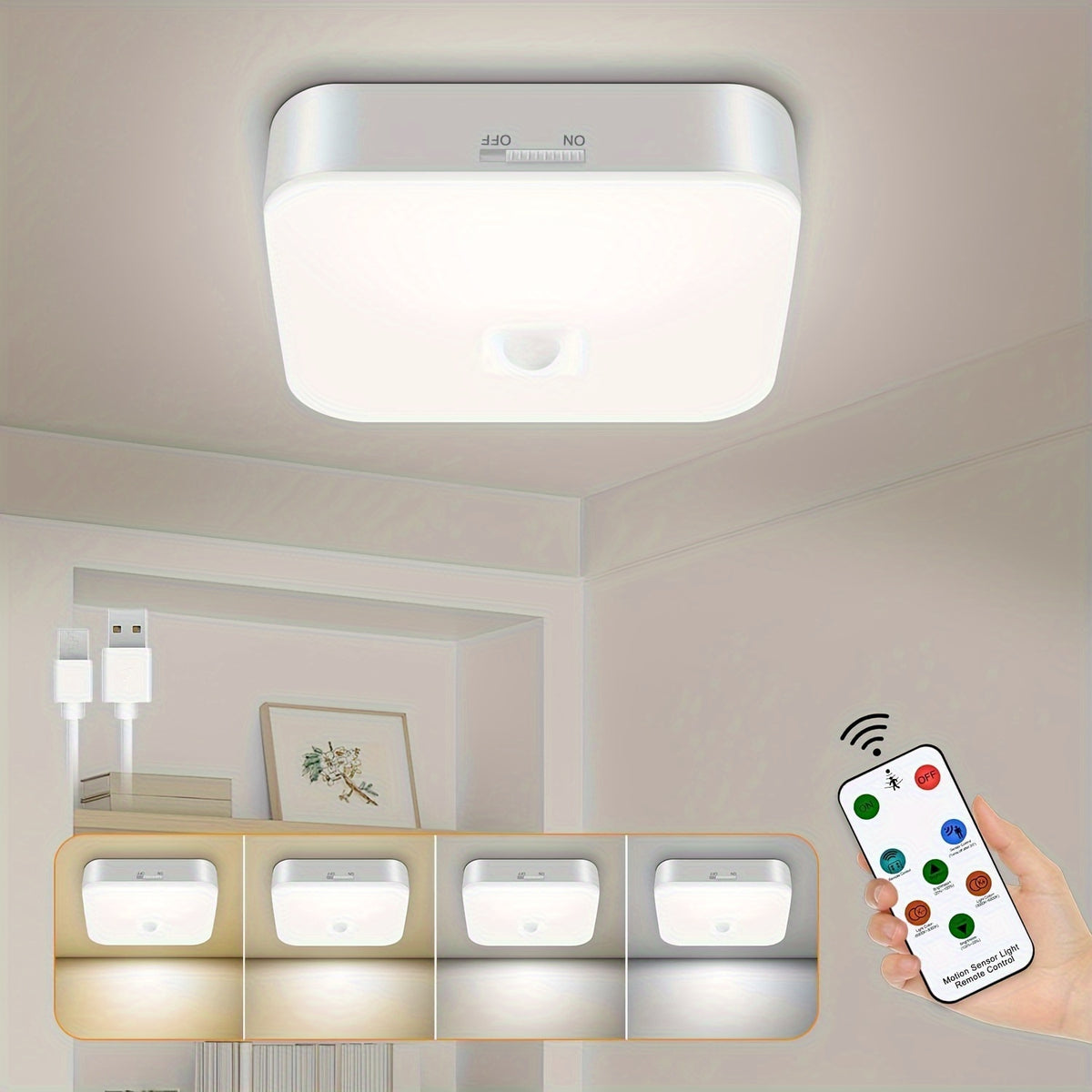 Rechargeable Motion Sensor Ceiling Light with Remote – 5 Brightness Levels 4 Color Temperatures Dimmable Wireless LED Light for Closet Shower Pantry Hallway Porch Shed