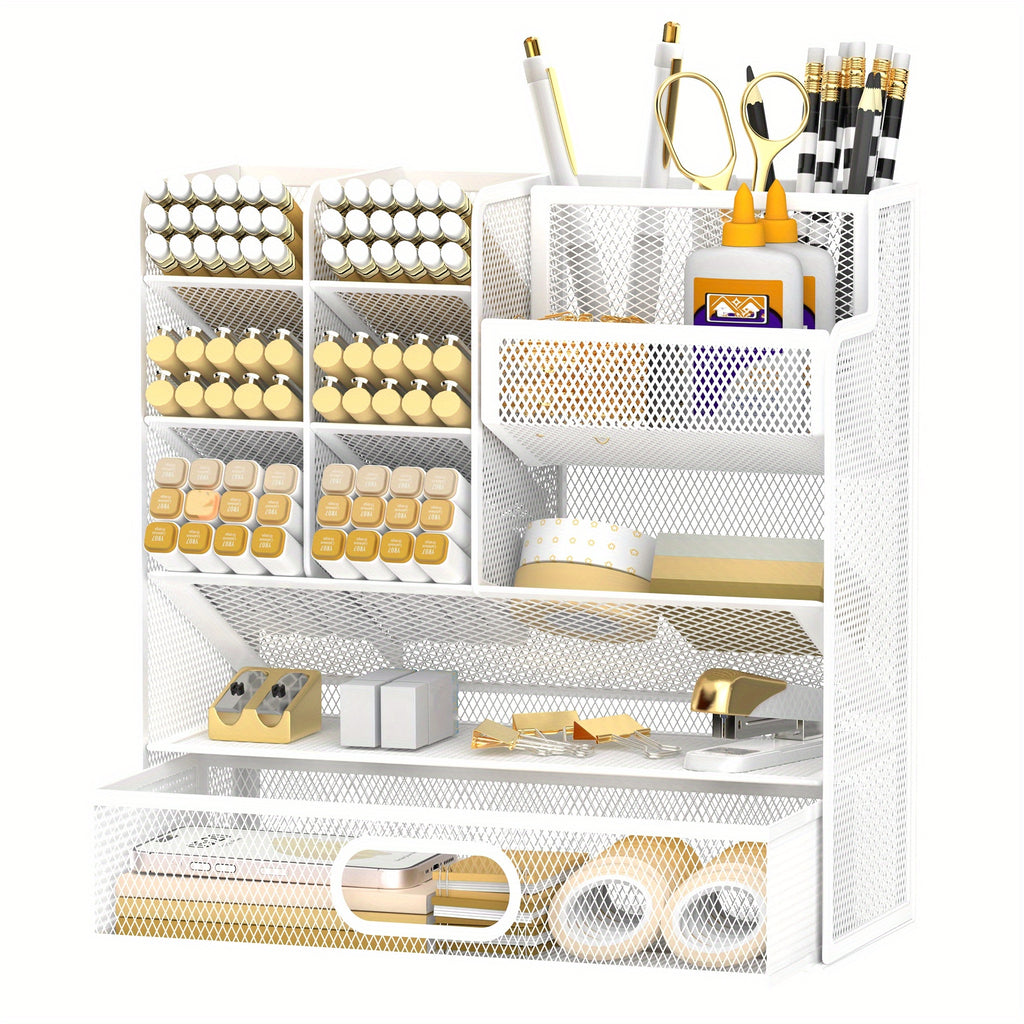 Mesh Desk Organizer with Drawer & Pen Holder – Multifunctional Desktop Organizer for Office Art Supplies, Accessories Storage, Desk Caddy for Home Office School Workspace
