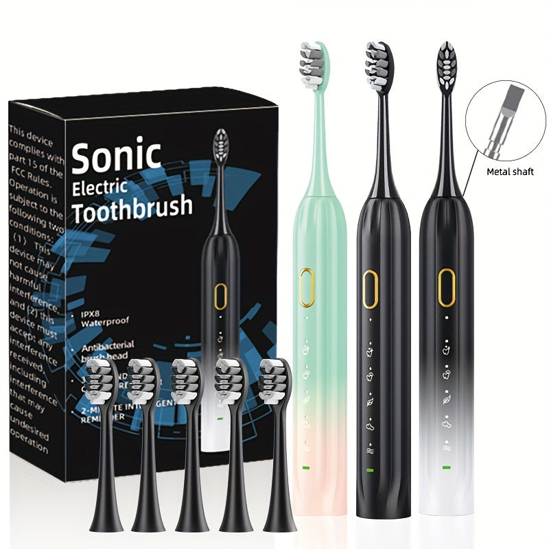 IPX8 Sonic Electric Toothbrush USB Rechargeable 5 Brush Heads Metal Shaft Smart Timer Couple Set for Adults Men Women