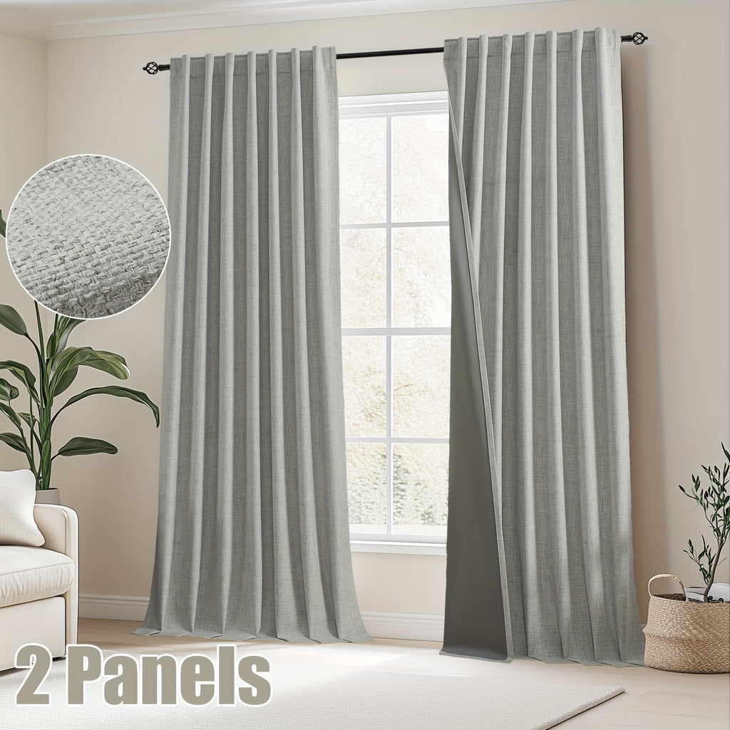 Faux Linen Blackout Curtains 2 Panels for Bedroom & Living Room – 100% Blackout, Back Tab & Rod Pocket, Thermal Insulated Farmhouse Drapes
