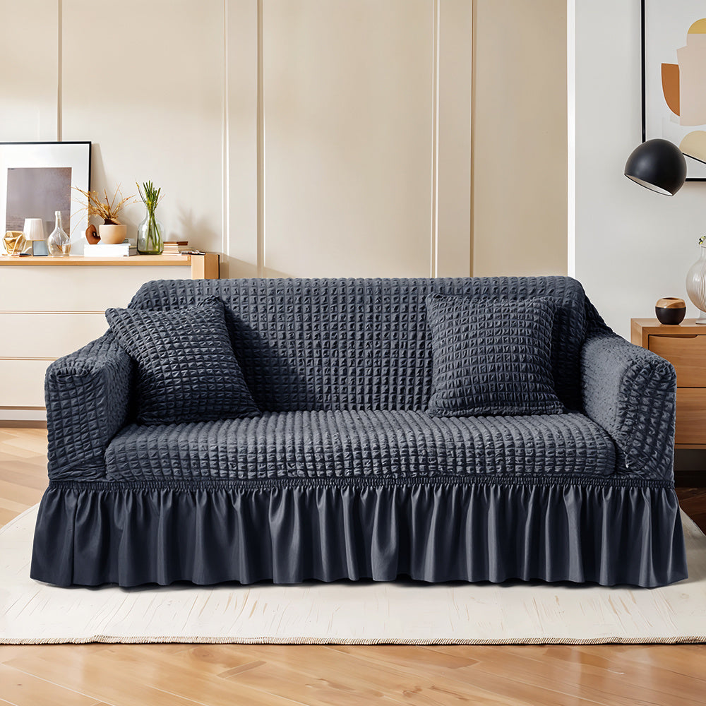 Velvet Jacquard Sofa Cover Ruffle Detail – Non-Slip Dustproof Soft Breathable Slipcover, Machine Washable All-Season, Polyester Spandex, 1/2/3/4 Seater, Grey