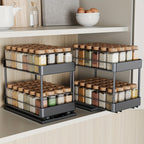 Pull Out Spice Rack Organizer 2 Pack Double Tier Adjustable Under Cabinet Sliding Spice Bottle Holder - Rust Resistant L-Shaped Kitchen Storage Black