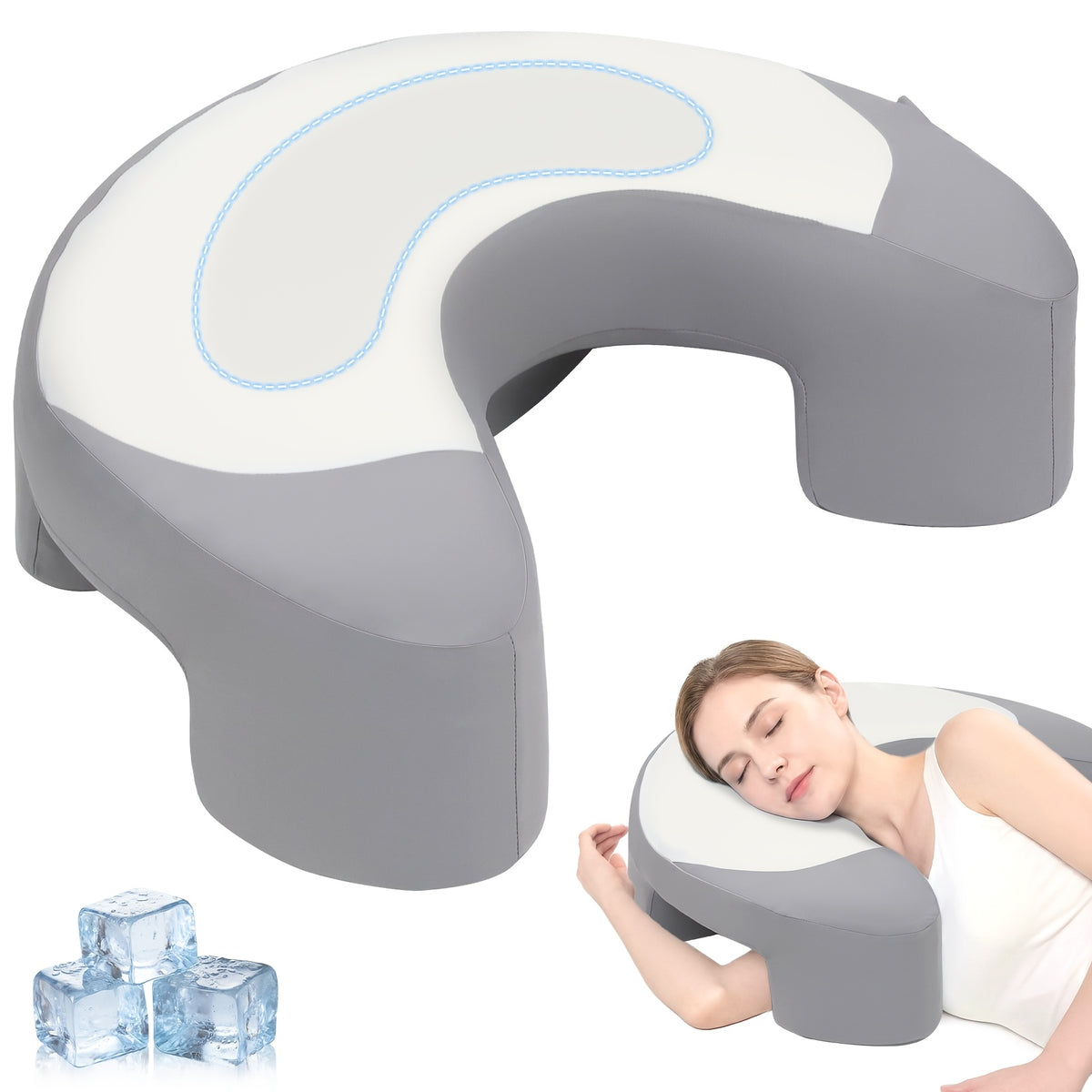 C-Shaped Ergonomic Neck Pillow with Cooling Gel – Multi-Angle Cervical & Spine Support for Side, Back & Stomach Sleepers, Removable Cool Pillowcase | Gray