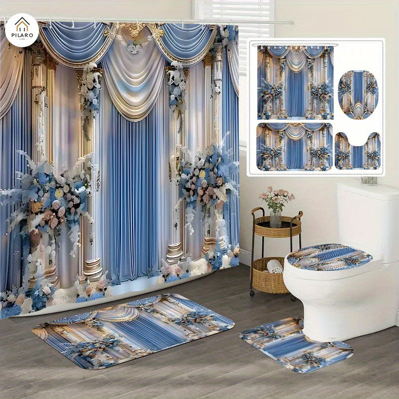 4-Piece Vintage Shower Curtain Set with Hooks, Non-Slip Floor Mat, Toilet U-Mat & Lid Cover — Waterproof Odor-Free Decorative Bathroom Ensemble, Ideal Gift