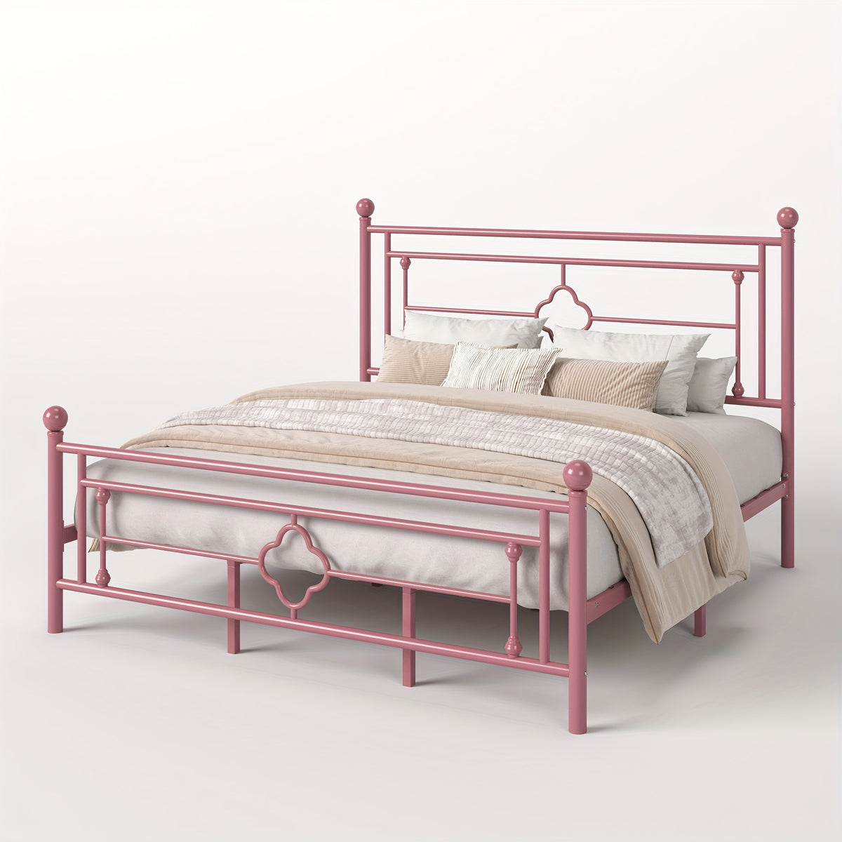 Metal Platform Bed Frame with Vintage Iron Art Headboard Footboard No Box Spring Needed Under Bed Storage Twin Full Queen King Black White Pink Gold