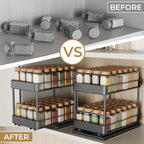 Pull Out Spice Rack Organizer 2 Pack Double Tier Adjustable Under Cabinet Sliding Spice Bottle Holder - Rust Resistant L-Shaped Kitchen Storage Black