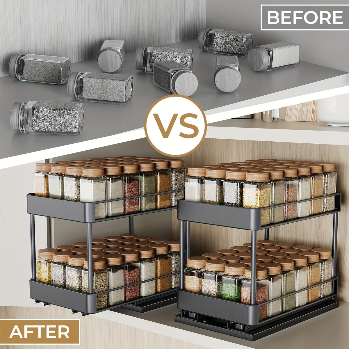 Pull Out Spice Rack Organizer 2 Pack Double Tier Adjustable Under Cabinet Sliding Spice Bottle Holder - Rust Resistant L-Shaped Kitchen Storage Black