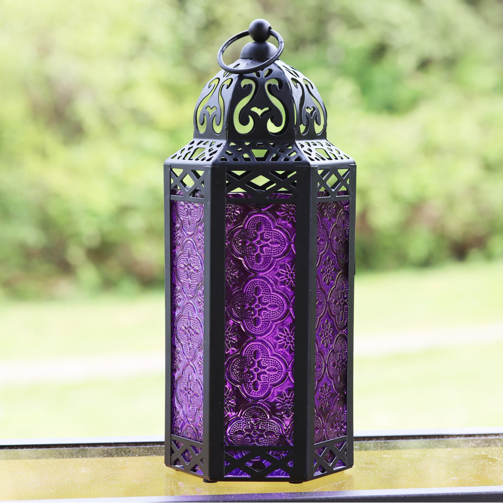 Moroccan Candle Lantern Holder Medium 10.5 Inch – Handcrafted Glass Iron Metal Lantern with Embossed Floral Panels, 17 Colors, Indoor Outdoor Use for Ramadan, Wedding, Patio, Diwali & Home Decor