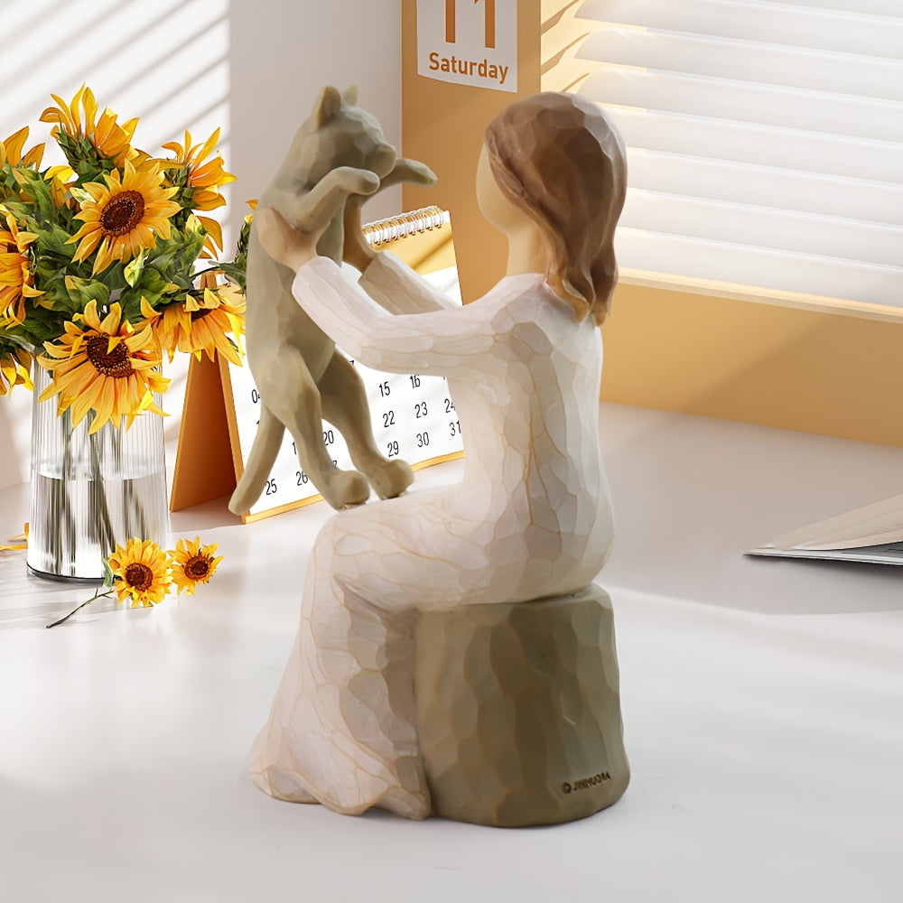 Hand-Painted Girl & Cat Resin Statue – Collectible Kitten Companion Figurine | Thoughtful Memorial Gift for Cat Lovers, Mom & Cat Ladies | Decorative Sculpture for Home, Shelf & Desktop