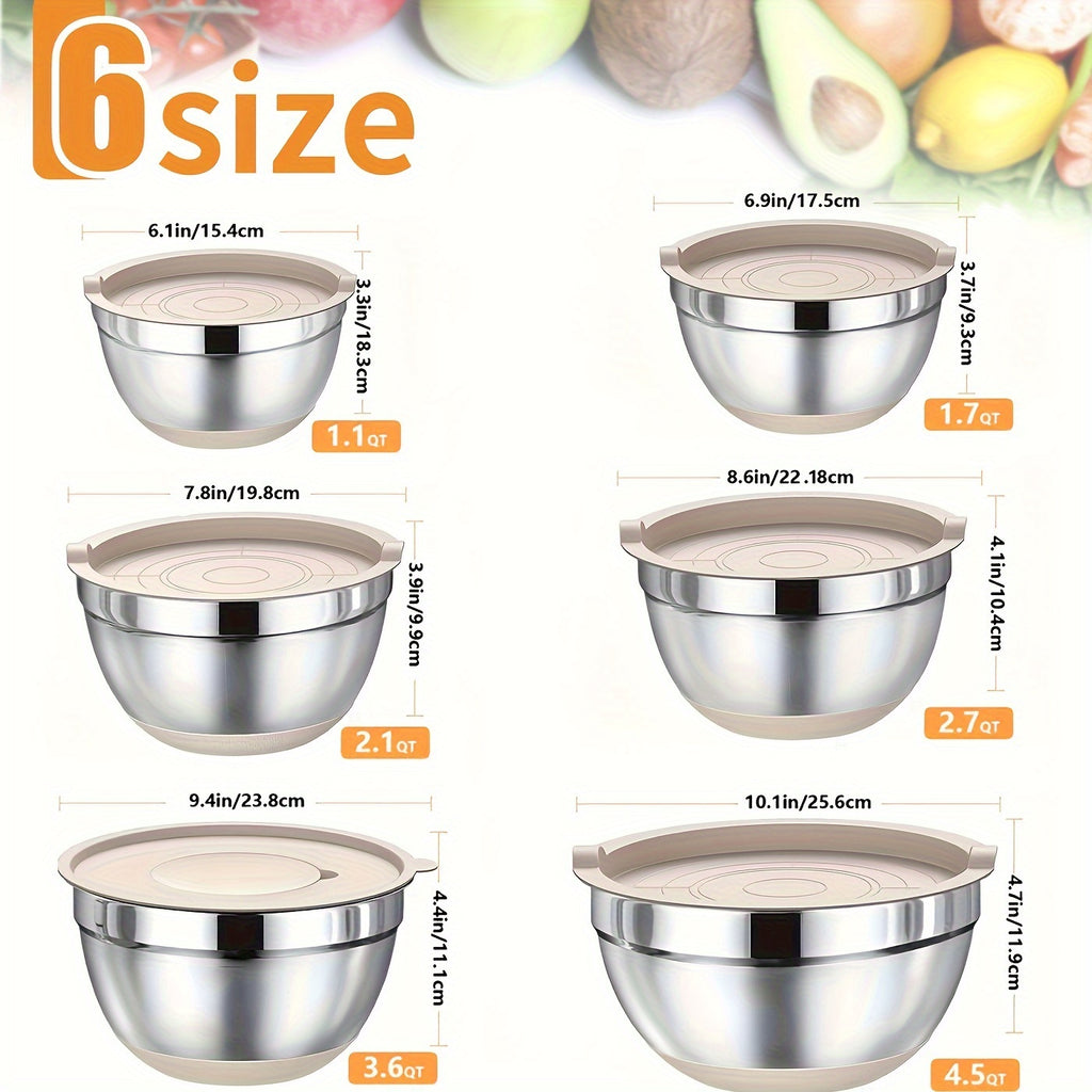 26-Piece Stainless Steel Mixing Bowl Set with Lids & Kitchen Tools – 6 Bowls (1.1–4.5 QT), Anti-Slip Silicone Base, Ideal for Baking, Salad & Meal Prep