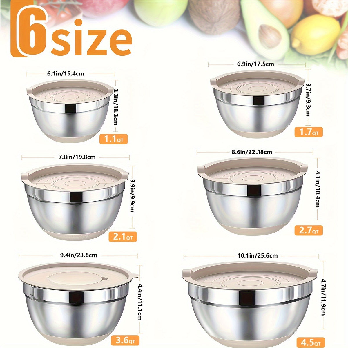 26-Piece Stainless Steel Mixing Bowl Set with Lids & Kitchen Tools – 6 Bowls (1.1–4.5 QT), Anti-Slip Silicone Base, Ideal for Baking, Salad & Meal Prep