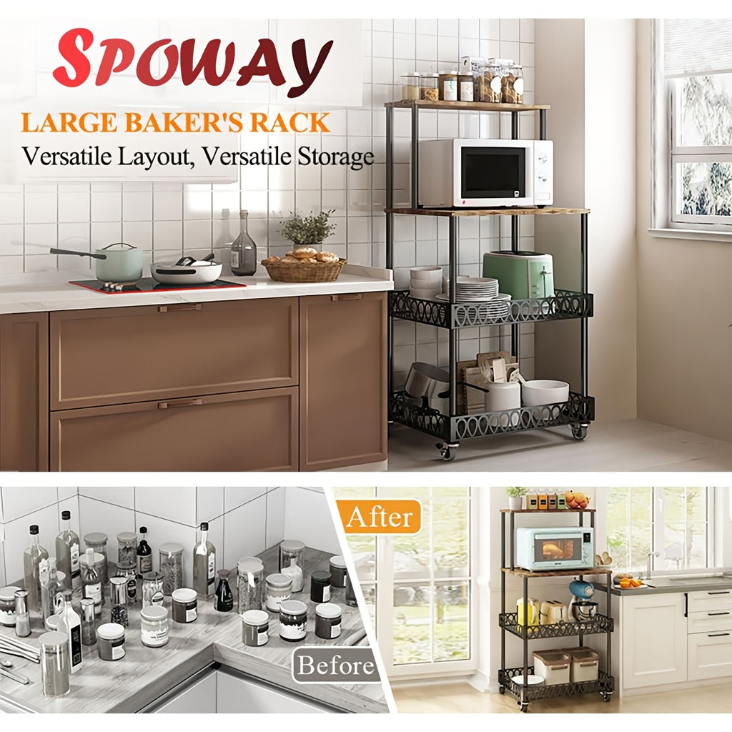 4-Tier Kitchen Microwave Oven Stand with Wheels – Vertical Baking & Bread Storage Rack for Kitchen & Dining Room | Rolling Floor-Standing Shelving
