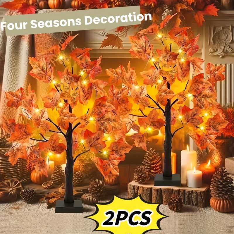 Fall Maple Leaf Tree Table Lamps 2-Pack 21 Inch Battery Powered 24 LED Warm Light Artificial Autumn Tree Lights for Thanksgiving Halloween Indoor Home Decor