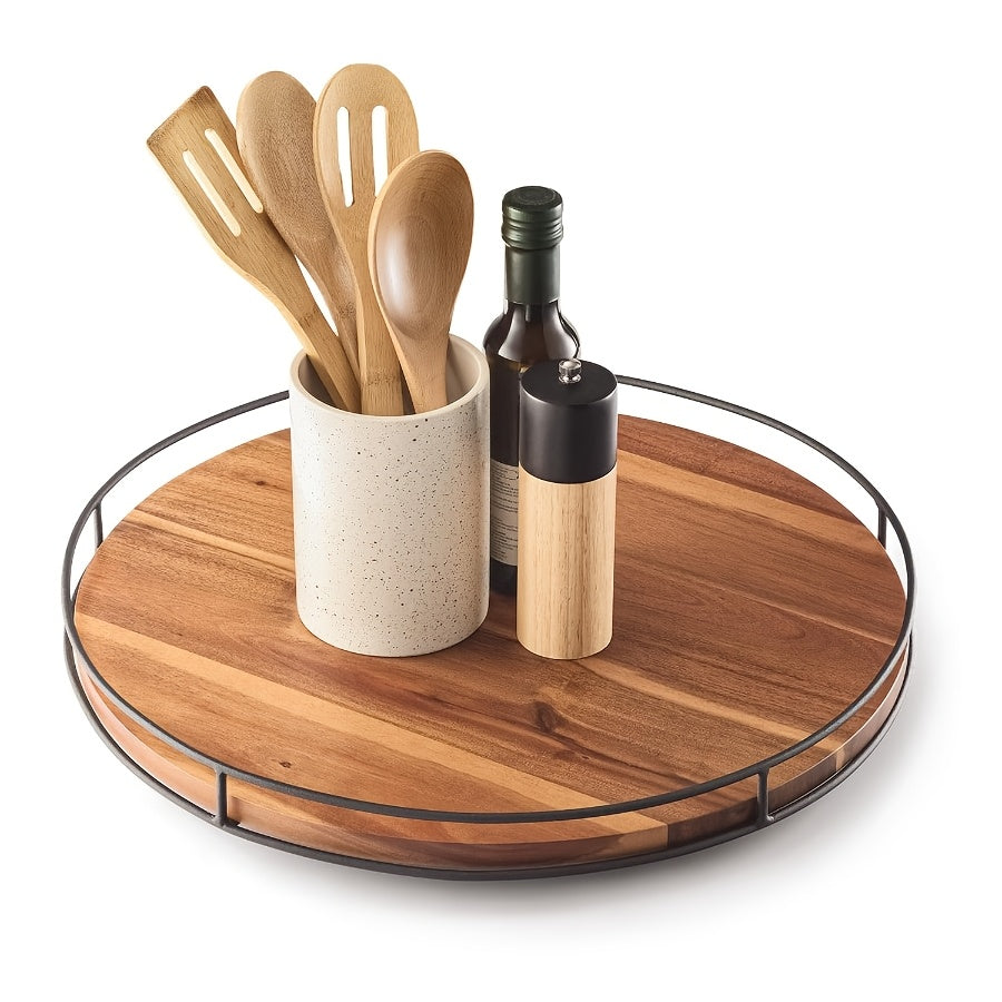 Lazy Susan Turntable 9 Inch Set of 2 - Rustic Brown Wood with Steel Frame, 360° Rotating Organizer for Kitchen Countertop, Cabinet, Dining Table Centerpiece, Spice Rack & Pantry Storage