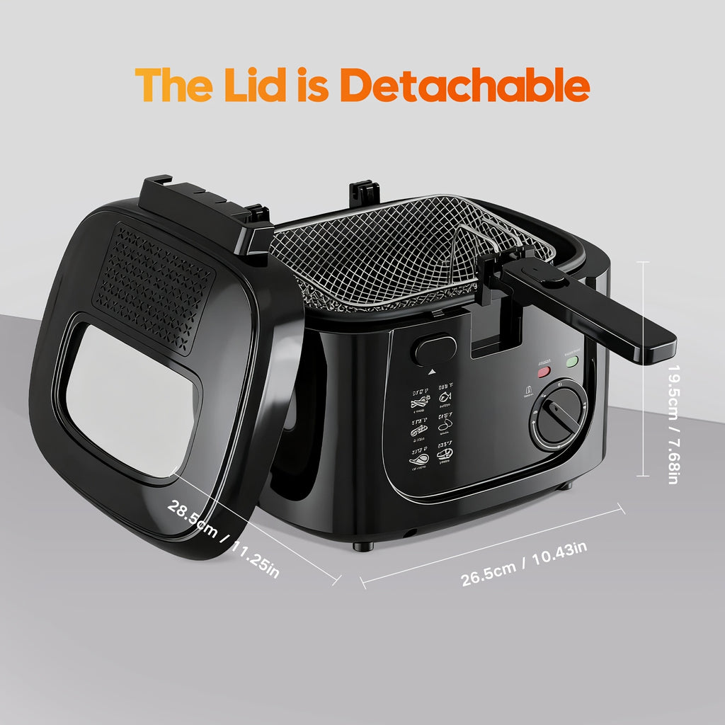 1500W Electric Deep Fryer 84.54oz – Non-Stick Basket, Adjustable Temperature Control, Viewing Window & Removable Lid | Easy Clean | Black & White