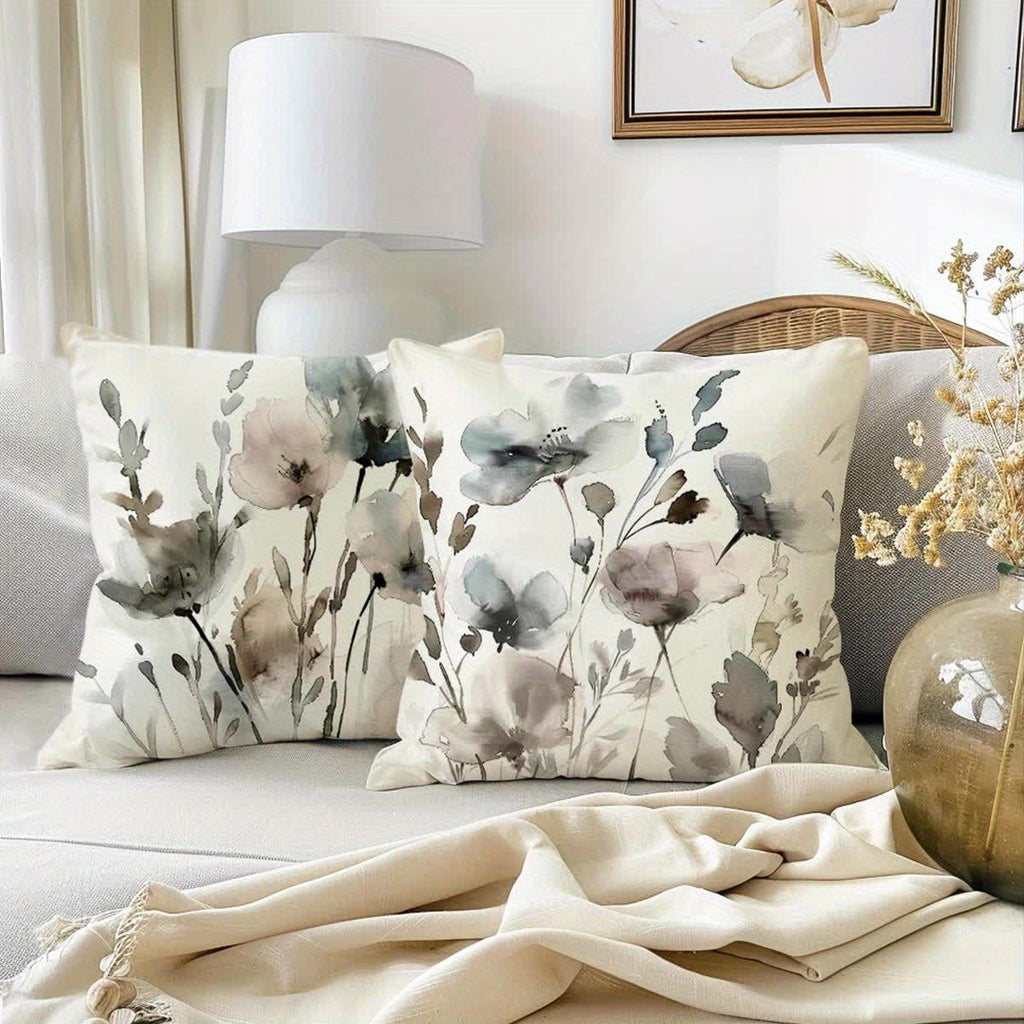 4-Piece Boho Poppy Flower Throw Pillow Covers Watercolor Chinoiserie Floral Soft Tones Decorative Cushion Covers 18x18 Inch Sofa Bedroom Office Car Farmhouse No Insert