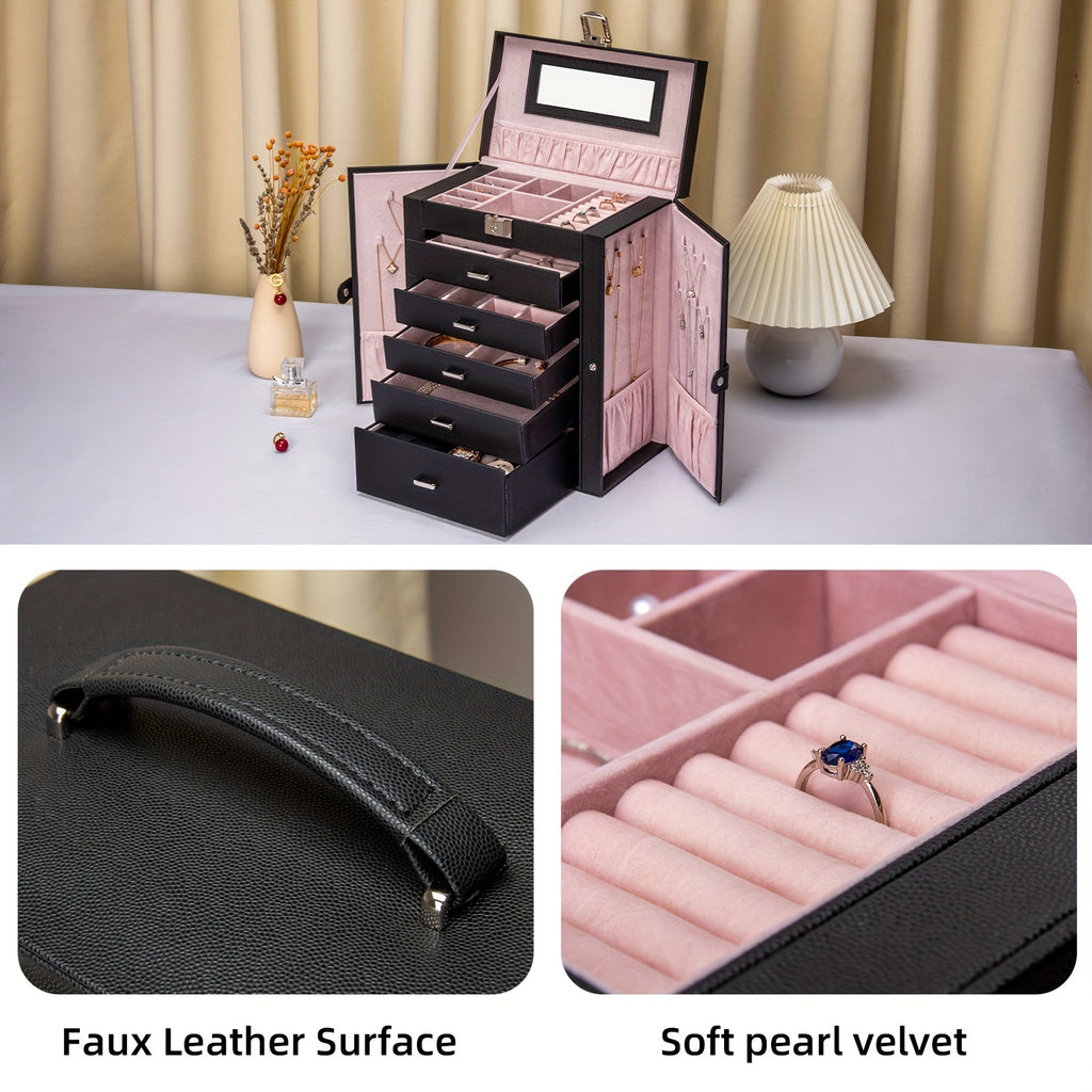 Jewelry Box with Lock & Mirror, Large 6-Tier Jewelry Case with 5 Drawers, Lockable Jewelry Storage Organizer for Women, Girls & Loved Ones — Jewelry Armoire Gift