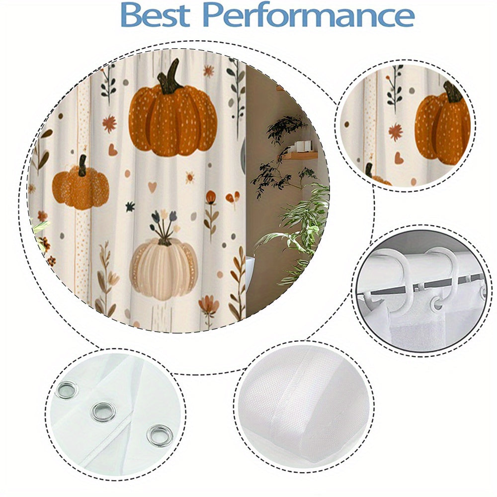 Autumn Pumpkin Floral Shower Curtain Farmhouse Style – Waterproof Polyester Fabric, 70–72 Inch, Includes 12 Hooks – All-Season Fall Bathroom Decor