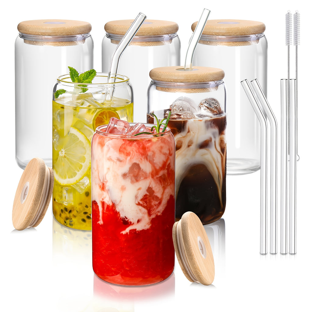 Insulated Drinking Glasses with Lids and Straws 16oz | Reusable Glass Cups Set for Iced Coffee Tea Smoothies Parties