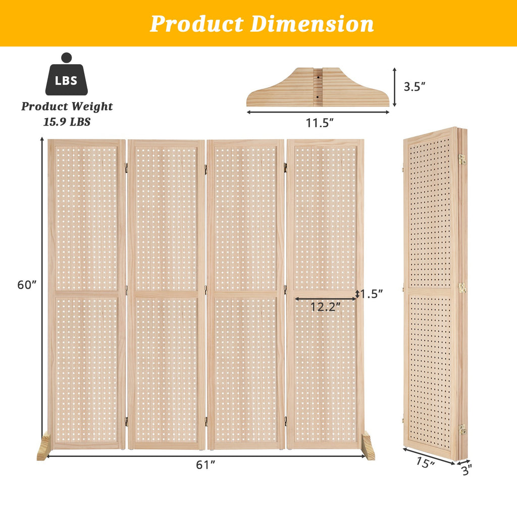 5 FT Freestanding Pegboard Room Divider | Wood Folding Privacy Screen & Display Board Organizer with Support Feet – White, Black, Natural, Grey | Craft Shows, Retail & Home
