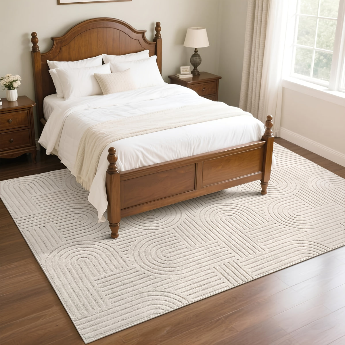 Soft Fluffy Arch Pattern Area Rug – Non-Slip Washable High-Low Pile Geometric Carpet for Living Room, Bedroom & Dining Room, Beige, Multiple Sizes