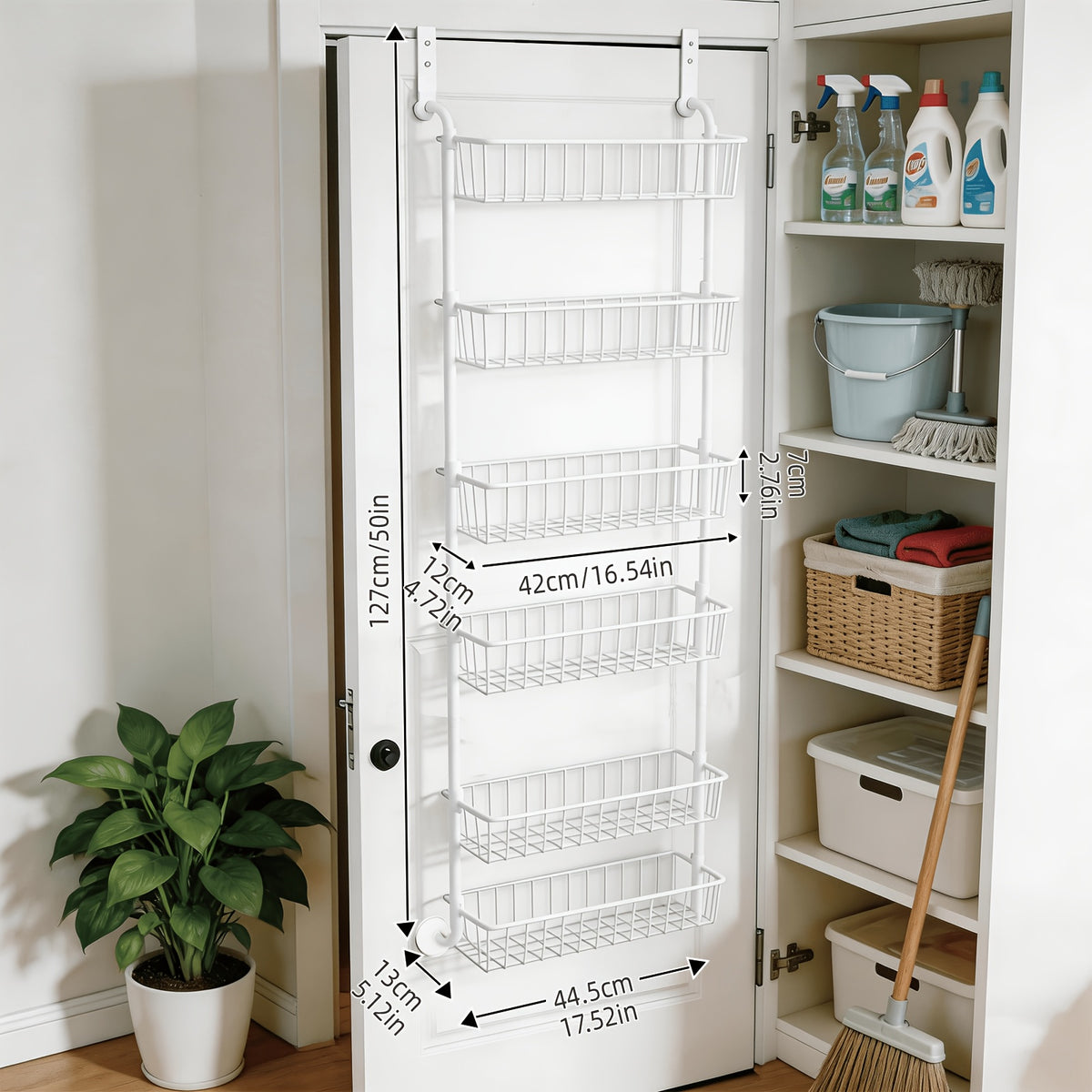 Over The Door Pantry Organizer 6 or 8-Tier, Metal Hanging Storage Shelf with Adjustable Baskets, Spice Rack for Kitchen, Pantry, Laundry & Bathroom, Door Mounted Utility Rack, Black or White