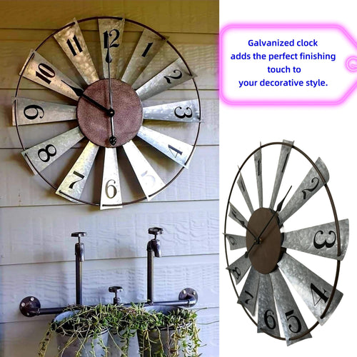 24 Inch Large Farmhouse Wall Clock with 3D Windmill Blades – Vintage Galvanized Metal Analog Clock, Battery Operated Quiet Movement, Home Decor for Living Room, Kitchen, Bedroom & Porch