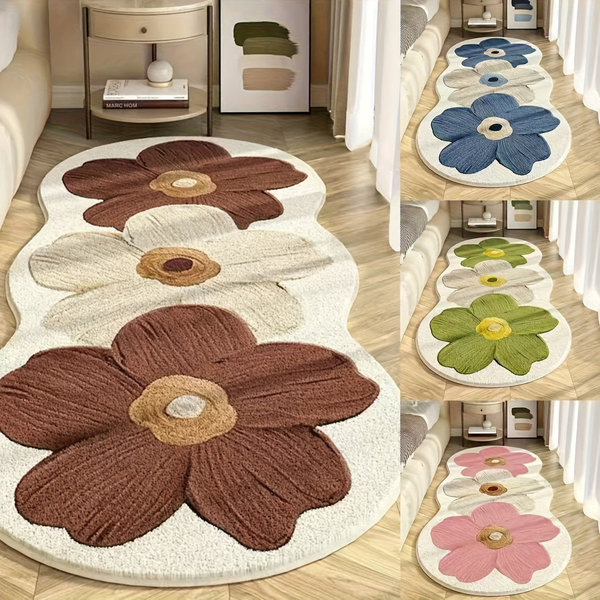 Luxury Soft Plush Floral Mat – 10mm Thick Non-Slip Machine Washable Decorative Rug for Bedside, Living Room, Corridor, Study & Cloakroom, Navy Blue & Brown, 4 Styles