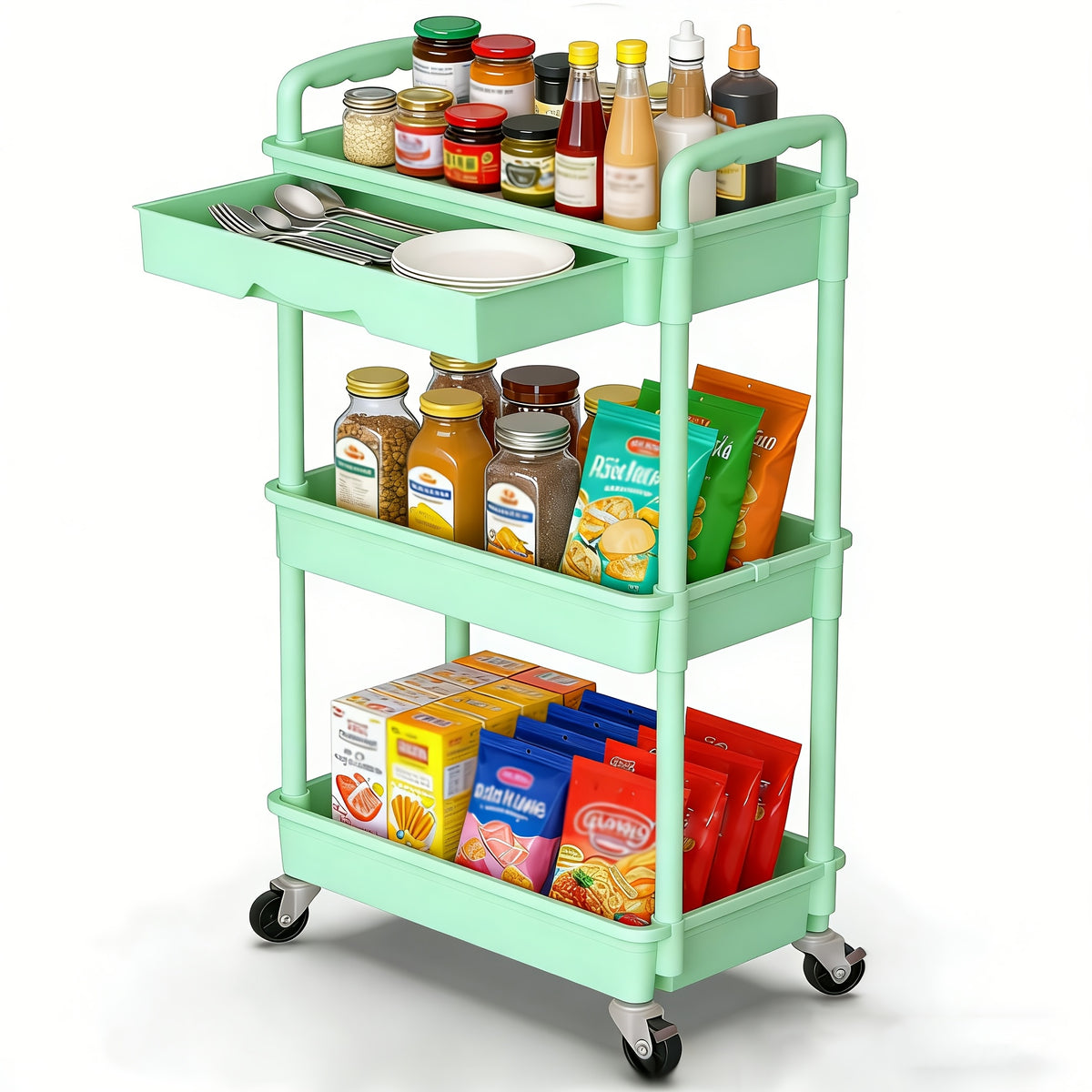 3/4-Tier Rolling Storage Cart with Drawers – Plastic Organizer with Lockable Wheels, Cup Holder & Hooks | Kitchen, Bathroom, Bedroom & Laundry Room