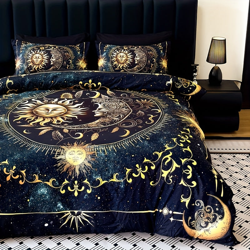 Celestial Sun Moon Duvet Cover Set 3 Piece - Soft Breathable Galaxy Planet Print Bedding Twin Full Queen King Dorm Bedroom No Insert