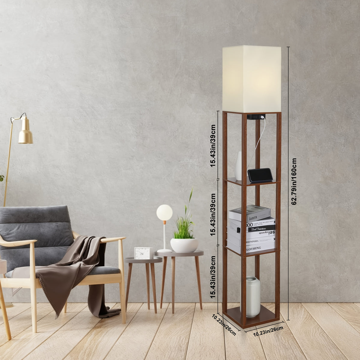 Floor Lamp with Shelves USB & Type-C Charging Port – Modern Column Standing Lamp with 9W LED Bulb, 3 Color Temperatures, AC Power Outlet for Living Room Bedroom Office