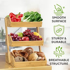 Bamboo Fruit Basket Stand 2 3 Tier Kitchen Countertop Organizer Produce Vegetable Bread Storage with Banana Hook Non-Slip Pads Easy Assembly
