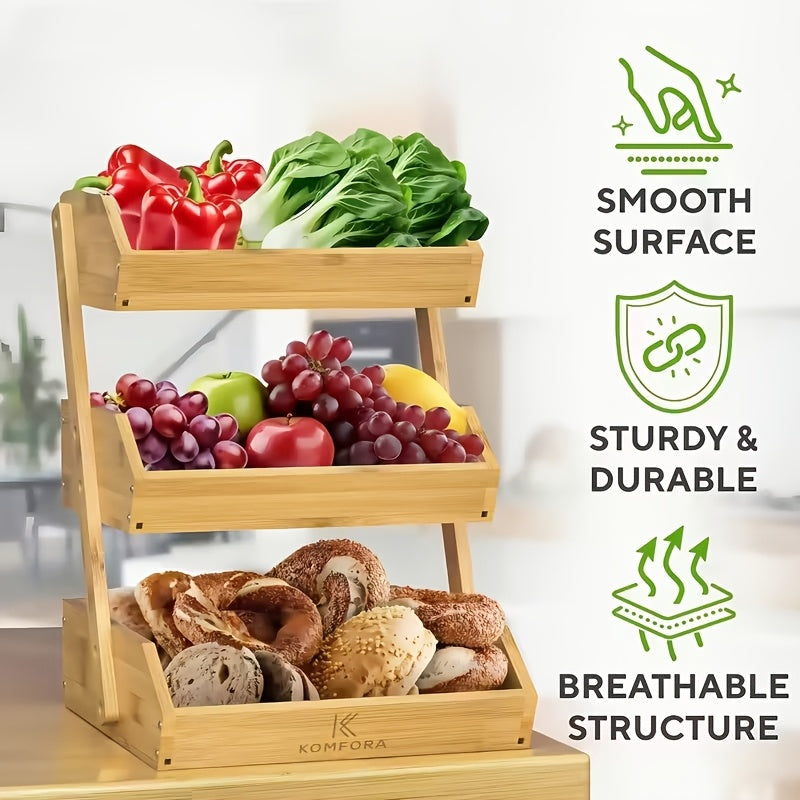 Bamboo Fruit Basket Stand 2 3 Tier Kitchen Countertop Organizer Produce Vegetable Bread Storage with Banana Hook Non-Slip Pads Easy Assembly