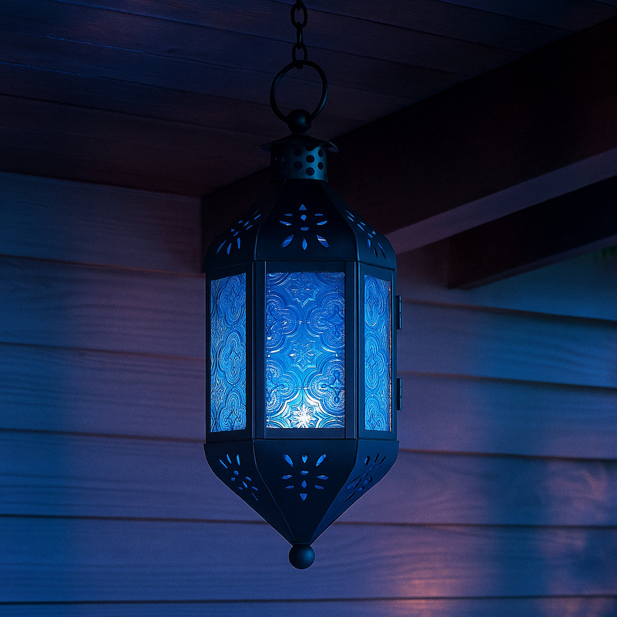 Moroccan Hanging Candle Lantern with Chain – Vintage Boho Style Iron & Glass Tealight Holder for Home, Patio, Garden, Wedding & Ramadan Decor (23.5" Overall)