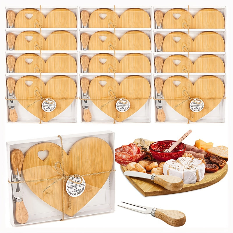 Heart-Shaped Mini Charcuterie Board & Cheese Knives Gift Set – Wood Bridal Shower Favor, Wedding Gift & Party Thank-You Box | Acacia & Bamboo | 6 or 12 Sets