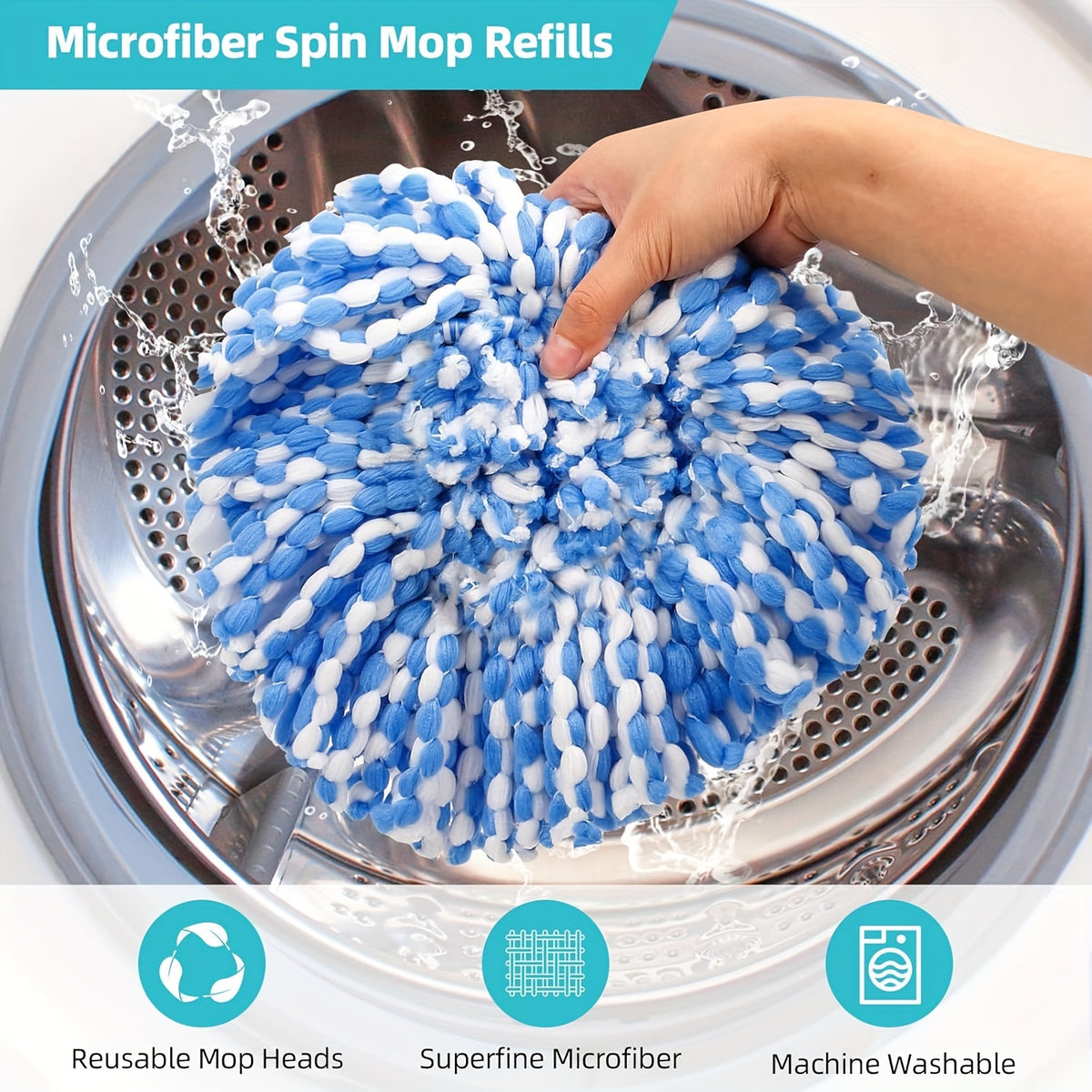 Spin Mop Replacement Heads 6 Pack Microfiber – Machine Washable Mop Head Refills with Scrub Brush & Base for Deep Floor Cleaning, Home, Kitchen & Hardwood Floors, Blue