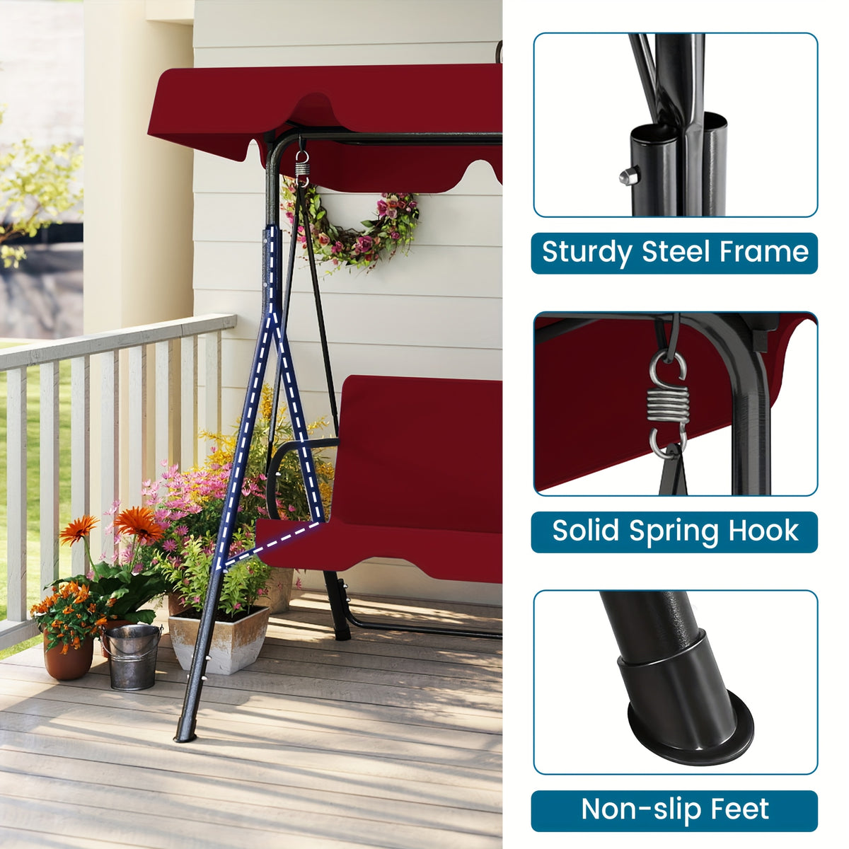 Outdoor Patio Swing Glider with Canopy & Heavy Duty Stand, Adjustable Bracket, Rust-Proof Powder Coated Frame, Sun Shade Polyester Canopy, Adult Porch Swing for Garden, Lawn and Backyard