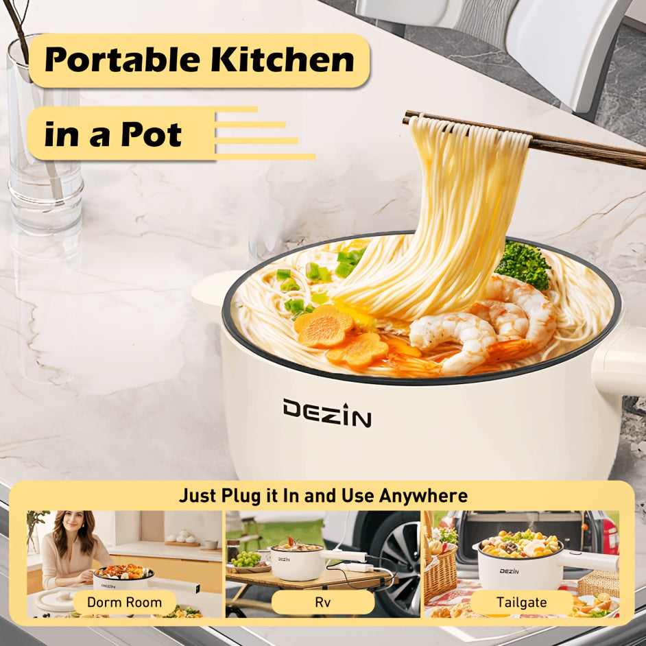 Mini Electric Cooker 2L Non-Stick Saute Pan with Adjustable Power, Rapid Noodle Cooker Mini Pot for Ramen, Oatmeal, Steak, Eggs & Fried Rice – College Dorm Room Essential, Beige & Green