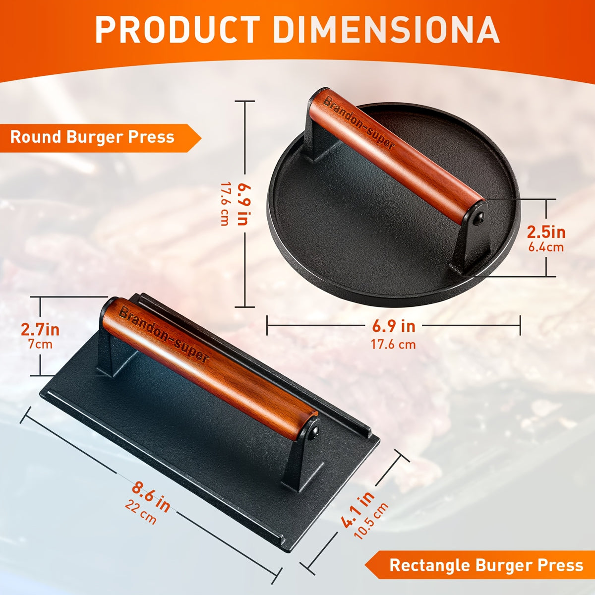 Cast Iron Burger Press Kit Round & Rectangular with Wooden Handle – 2-Piece Heavy-Duty Smash Burger Press for Grilling, BBQ, Sandwiches, Camping & Family Cookouts