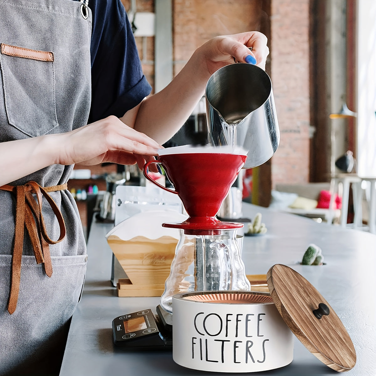Rustic Wooden Coffee Filter Holder with Lid – Countertop Storage Container for Coffee Filters & Accessories, Kitchen Decor Organizer
