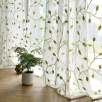 Ivy Leaf Embroidery Sheer Curtains Set of 2, White Gauze Green Botanical Rod Pocket Panels for Living Room Bedroom, 3 Sizes