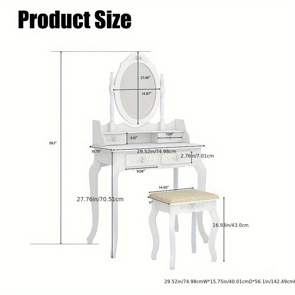 Vanity Desk with Mirror and 4 Drawers 360° Rotating Detachable Dressing Table with Stool – Modern White Makeup Table for Bedroom